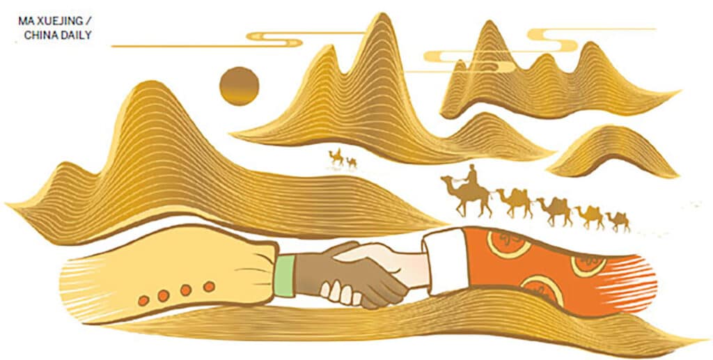 Illustration of Mali hand shaking China hand with dessert in background